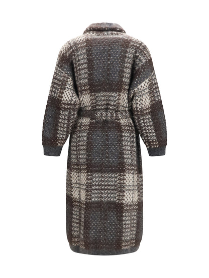 Brunello Cucinelli Macrocheck mohair blend Coat with belt - Ivory/Piombo/Anthracite