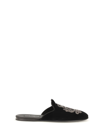 Dolce & Gabbana Velvet Slippers - Black/Silver