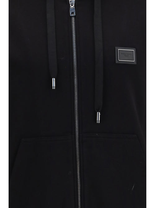 Dolce & Gabbana Cotton Hooded Sweatshirt with DG plaque - Black