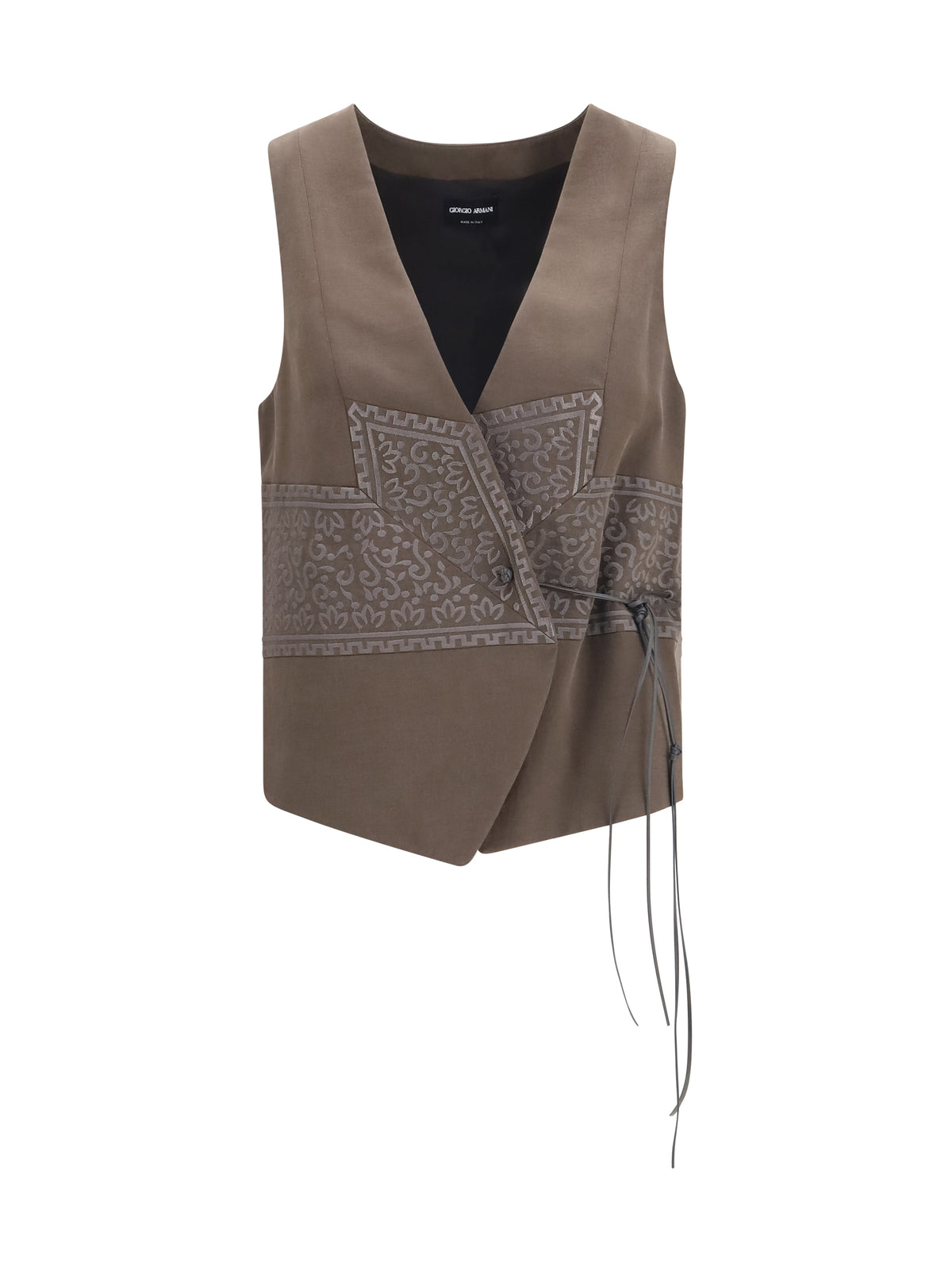 Giorgio Armani Vest in washed silk and virgin wool with jacquard pattern and ties - Mud