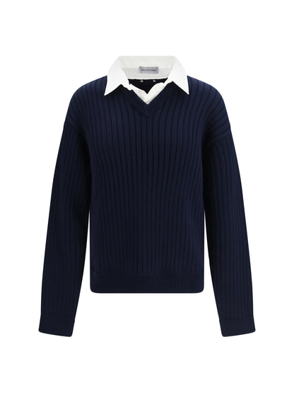Balenciaga Cotton Sweater with shirt details - Navy/White