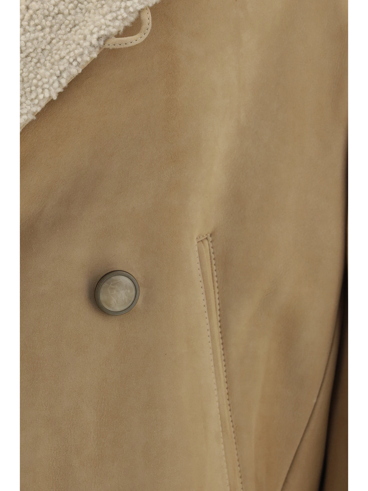 Brunello Cucinelli Curly suede Shearling pea Coat with shawl collar - Natural Beige