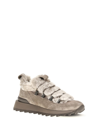 Brunello Cucinelli Suede and tech cotton Sneakers with shearling lining and monili detail - Taiga