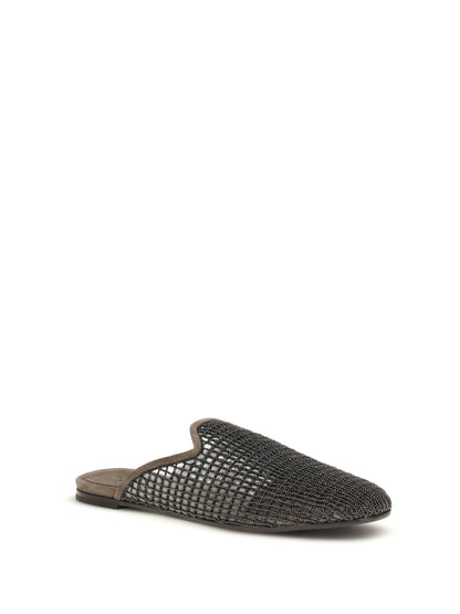 BRUNELLO CUCINELLI Suede Mules with Precious Net Embroidery