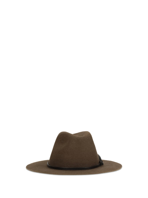 Brunello Cucinelli Felt Fedora Hat with leather band and monile - Moka
