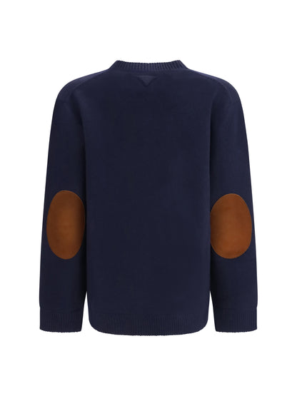 Prada Crewneck Sweater with suede elbow patches - Bleu