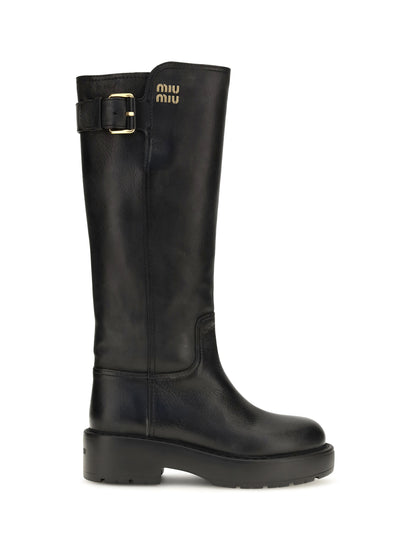 Miu Miu Leather knee-high Boots with buckle detail - Black