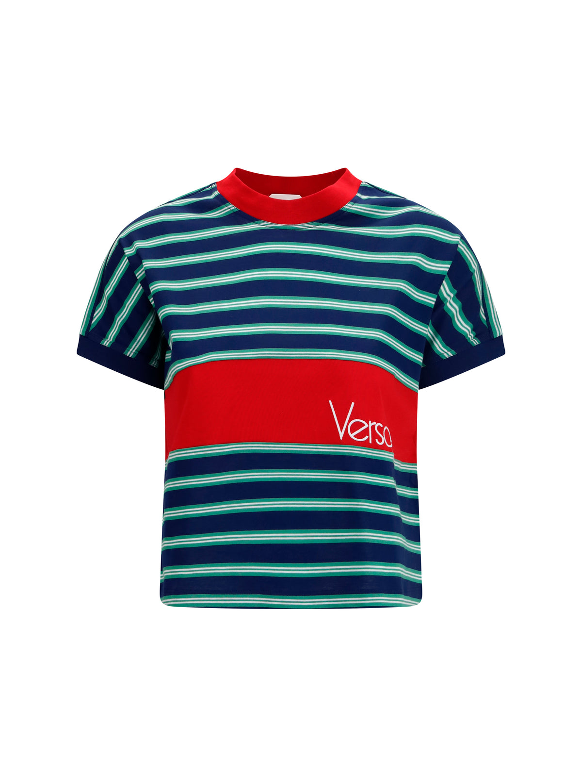 Versace Striped cotton T-shirt - Ink + Grass Green + White