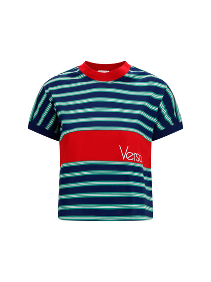 Versace Striped cotton T-shirt - Ink + Grass Green + White