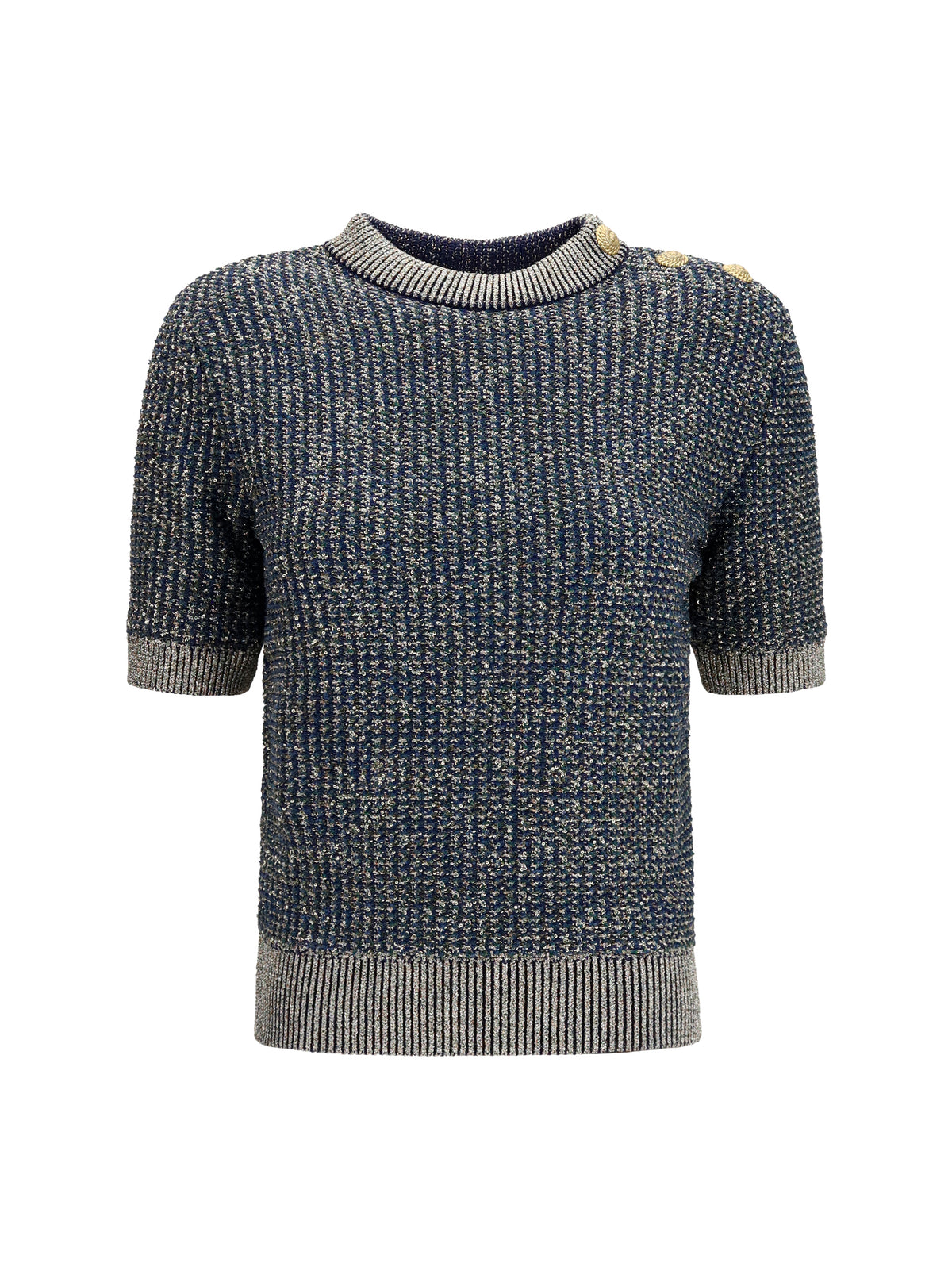 Balmain Short-sleeve sequined Sweater with buttons - Marine/Vert