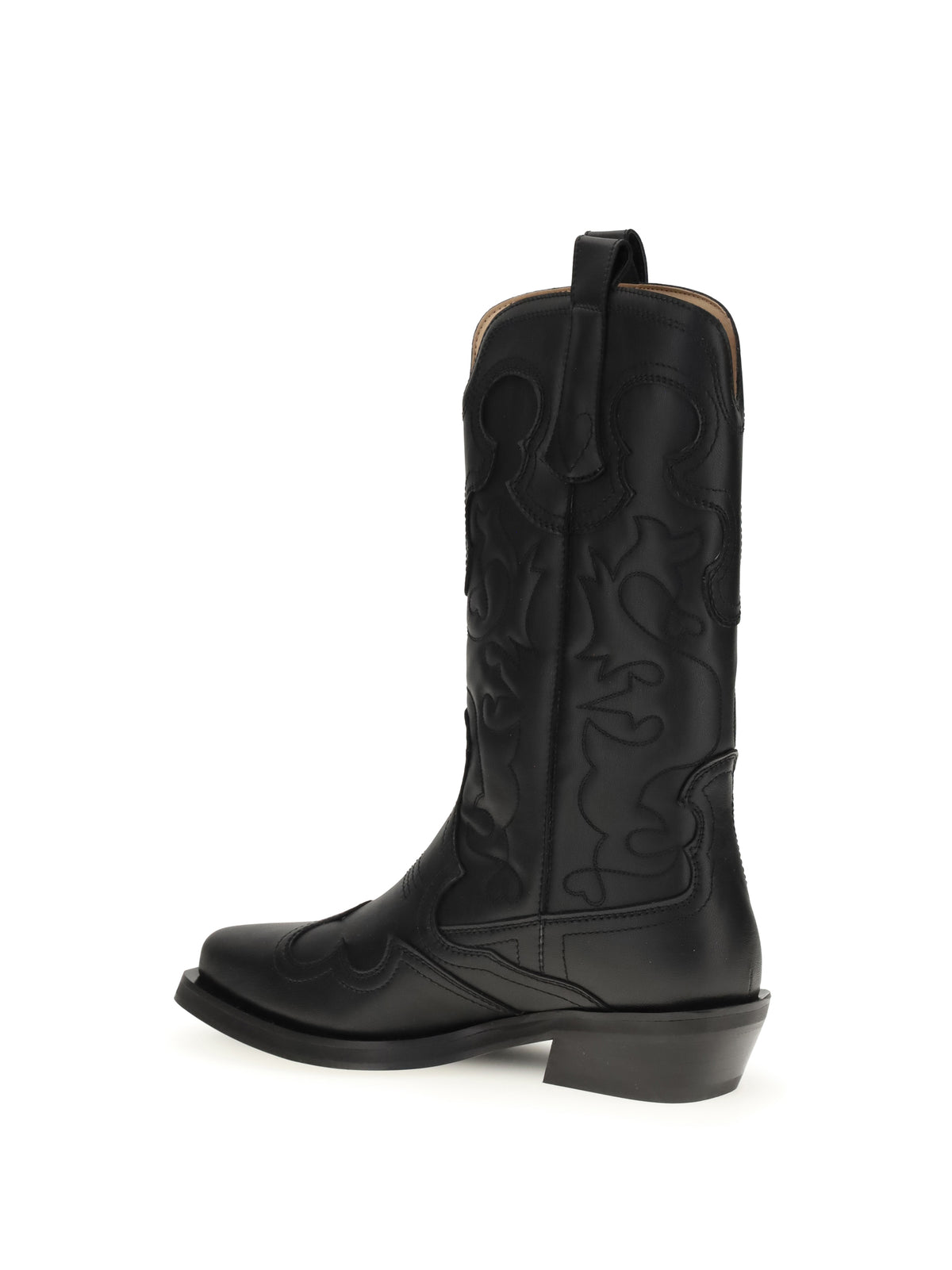 Ganni Embroidered Western Boots - Black/Black