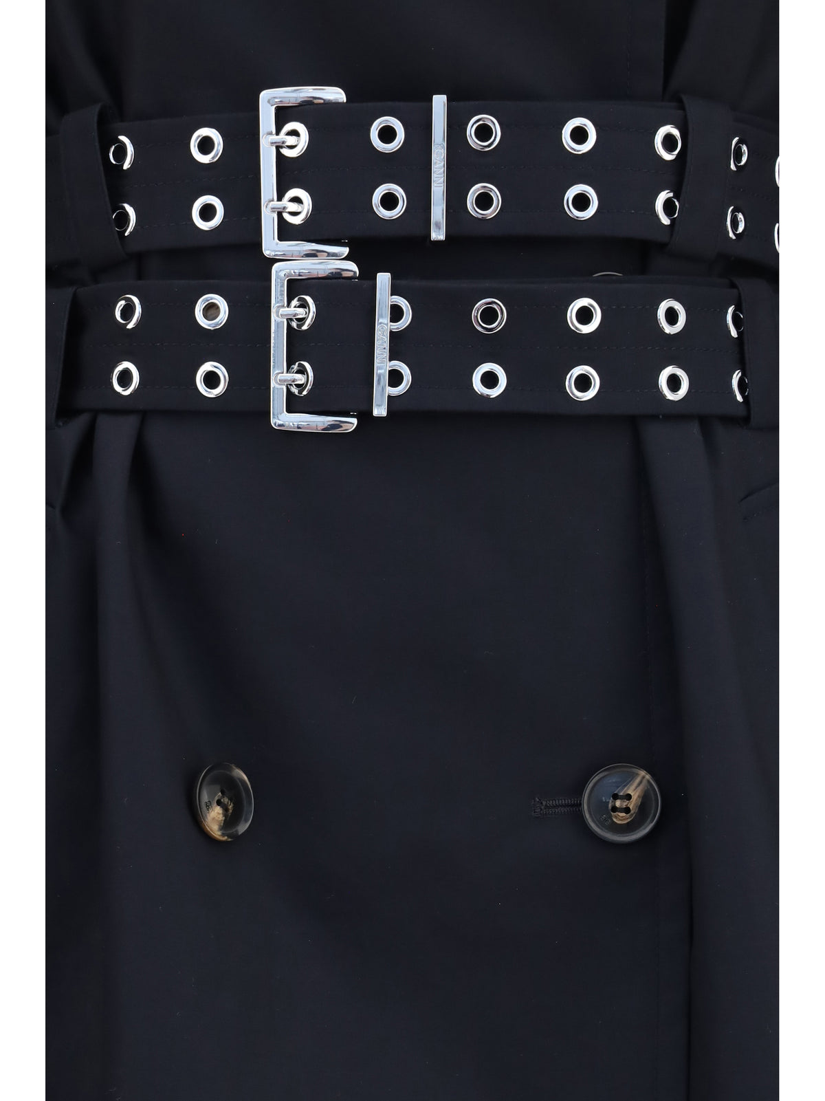 Ganni Double-breasted cotton Trench Coat with double belt - Black