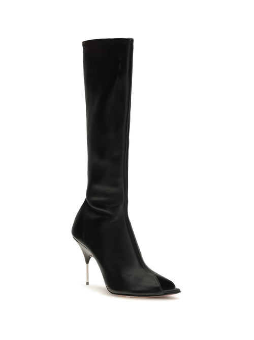Amina Muaddi Bruna High Boots - Black Stretch Nappa
