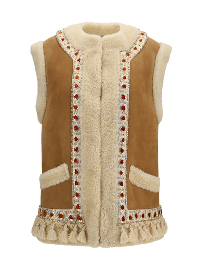 Valentino Suede and fur Vest - Camel/Multicolor