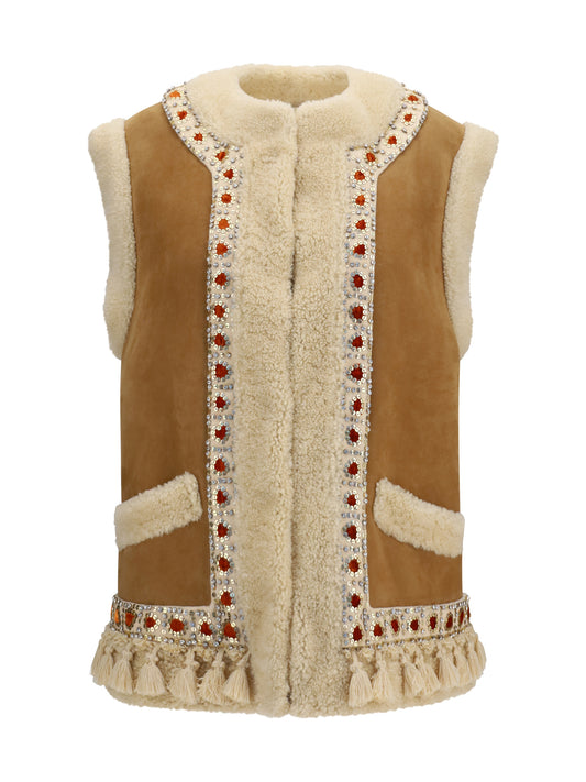 Valentino Suede and fur Vest - Camel/Multicolor