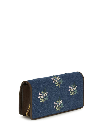 VALENTINO GARAVANI Mini VLogo Signature Shoulder Bag in denim with floral embroidery