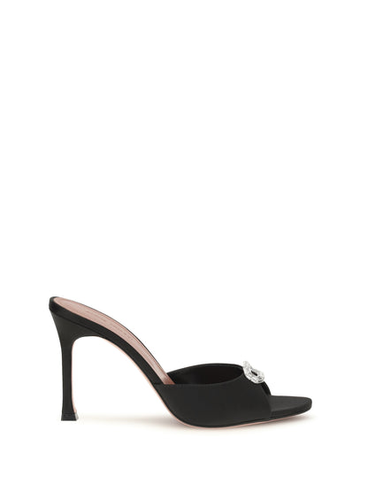 Amina Muaddi Camelia Mule Sandals - Black Satin+White Crystal Buckle