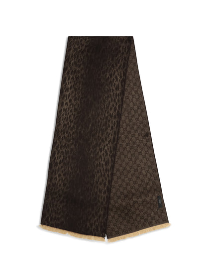 Gucci Leopard-print wool Scarf with monogram - Camel/Dark Brown