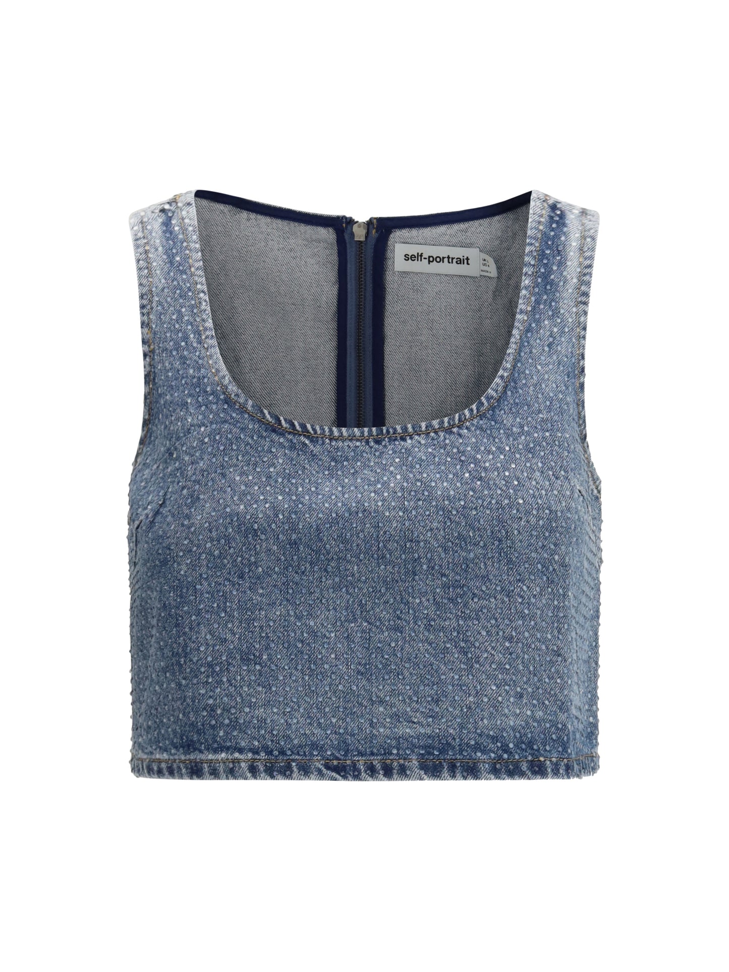 SELF-PORTRAIT Rhinestone denim crop Top