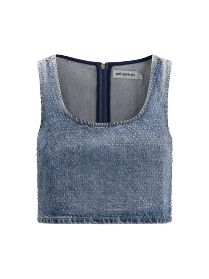 SELF-PORTRAIT Rhinestone denim crop Top