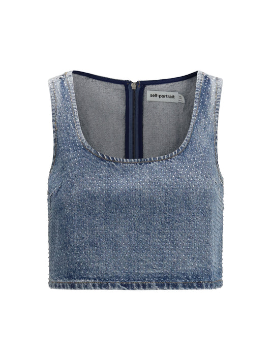 SELF-PORTRAIT Rhinestone denim crop Top