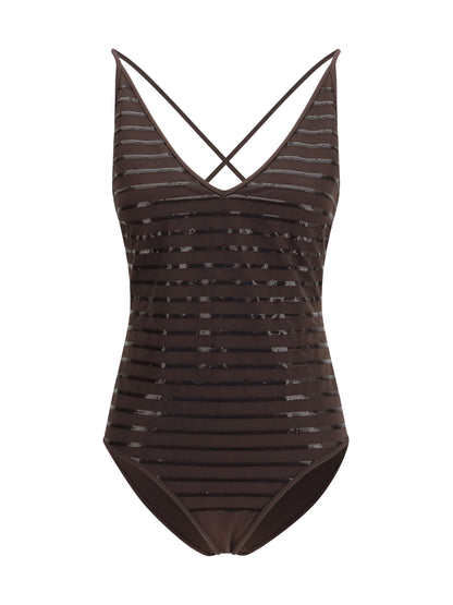 Brunello Cucinelli Shimmering striped one-piece Swimsuit - Cacao