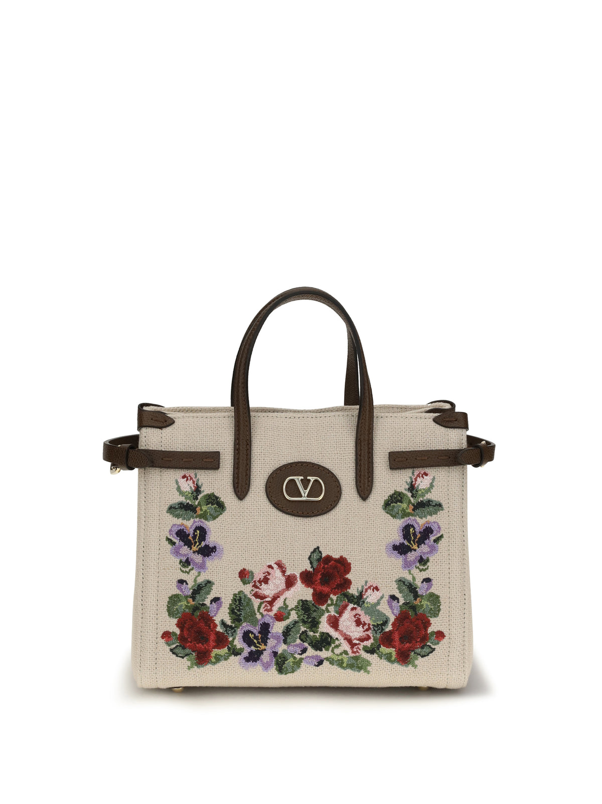 Valentino Garavani Antibes Mini Handbag in embroidered linen - Ecru/Multicolor/Tabac Brown