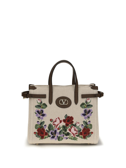Valentino Garavani Antibes Mini Handbag in embroidered linen - Ecru/Multicolor/Tabac Brown