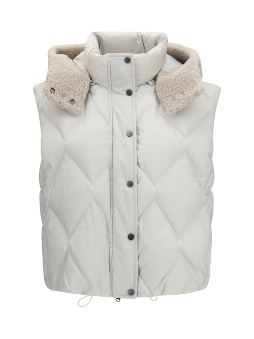 Brunello Cucinelli Padded Vest with shearling Hood - Geyser