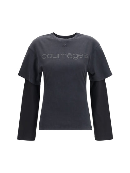 Courrèges Logo print double sleeves T-shirt - Stonewashed Grey/Black