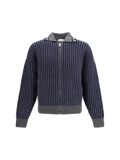 Versace Intarsia wool knit zip Cardigan - Grey Melange Navy Blue