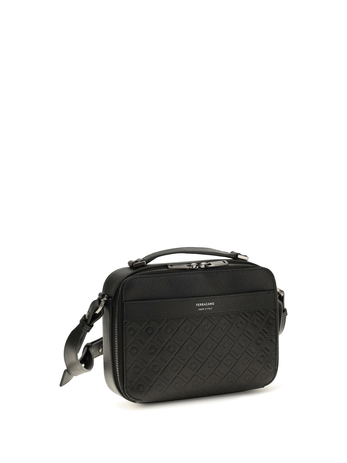 Ferragamo Leather crossbody Bag with embossed Gancini pattern - Black