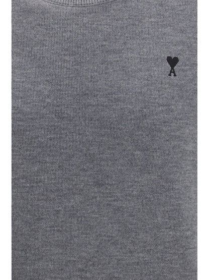 Ami Paris Pull Col Rond Ami De Coeur - Gris Cendre Chine/Noir