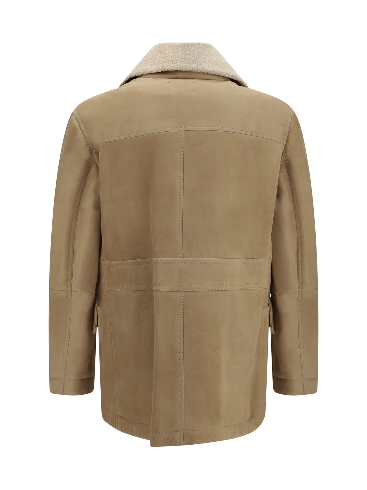Brunello Cucinelli Curly suede Shearling pea Coat with shawl collar - Natural Beige