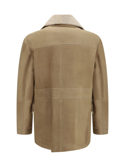 Brunello Cucinelli Curly suede Shearling pea Coat with shawl collar - Natural Beige