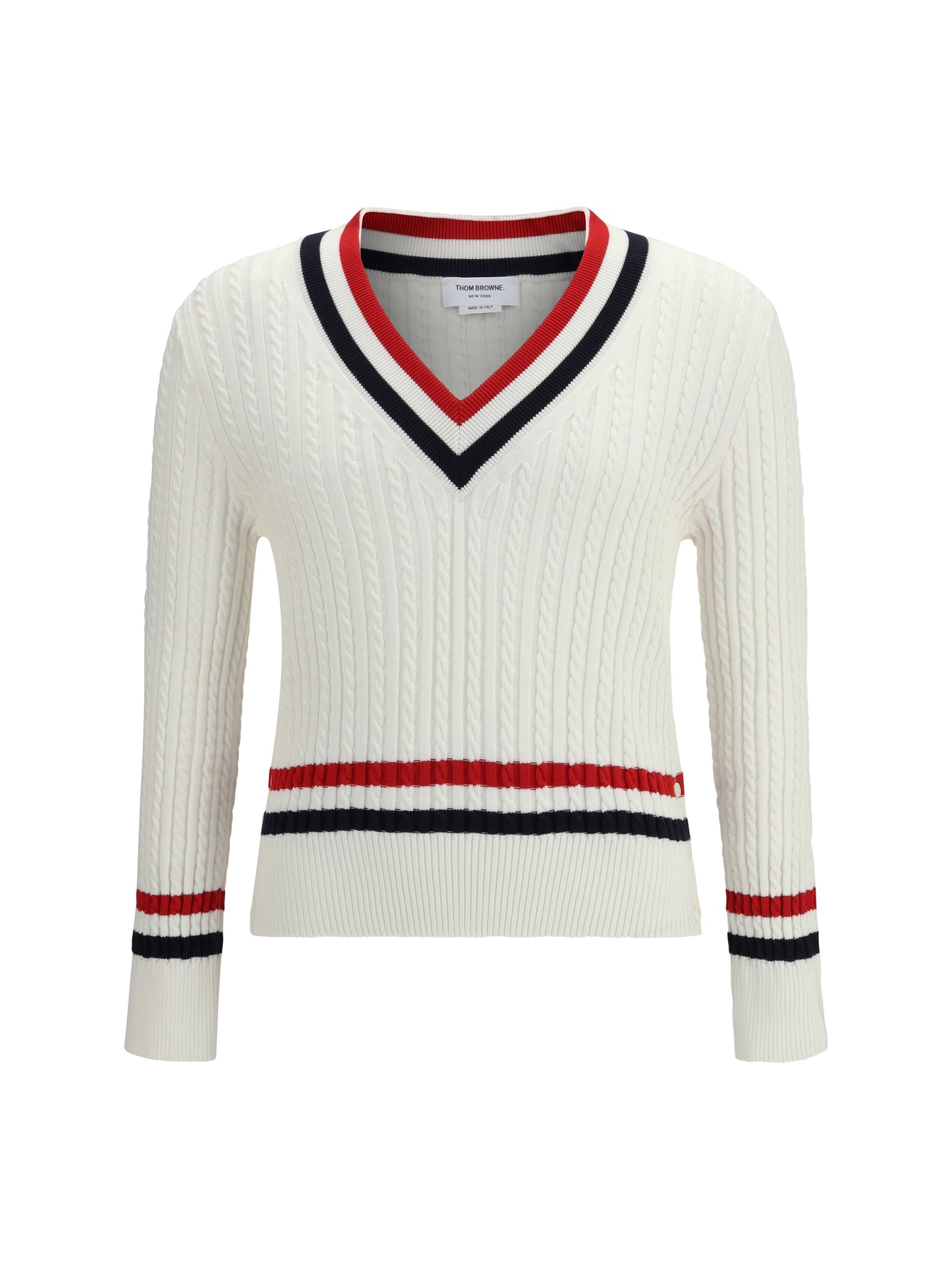 THOM BROWNE Intarsia cable-knit V-neck Sweater