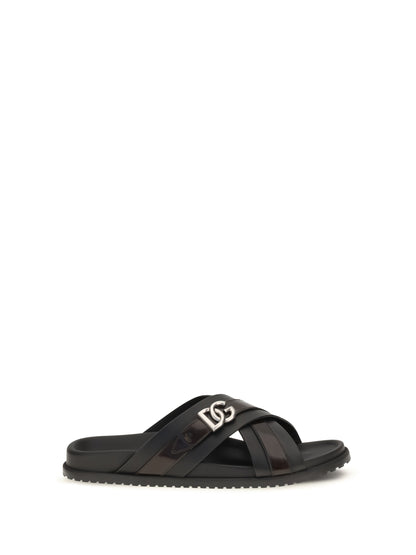 Dolce & Gabbana Smooth calf leather Slide Sandals - Black/Cacao