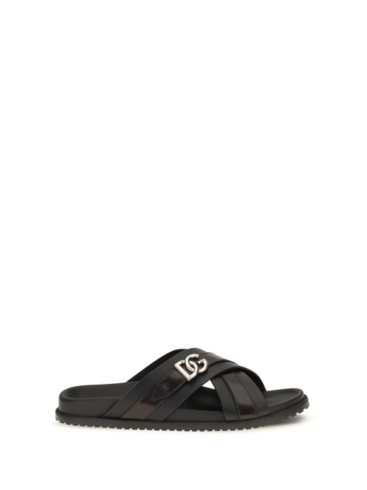 Dolce & Gabbana Smooth calf leather Slide Sandals - Black/Cacao