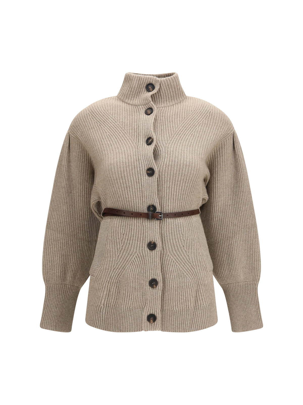 Brunello Cucinelli High neck Cardigan with belt - Brown