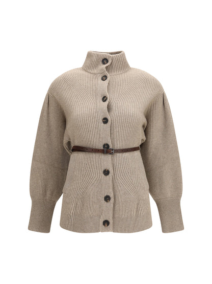 Brunello Cucinelli High neck Cardigan with belt - Brown