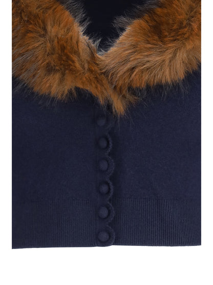 Self-Portrait Knit and faux fur Cardigan - Navy