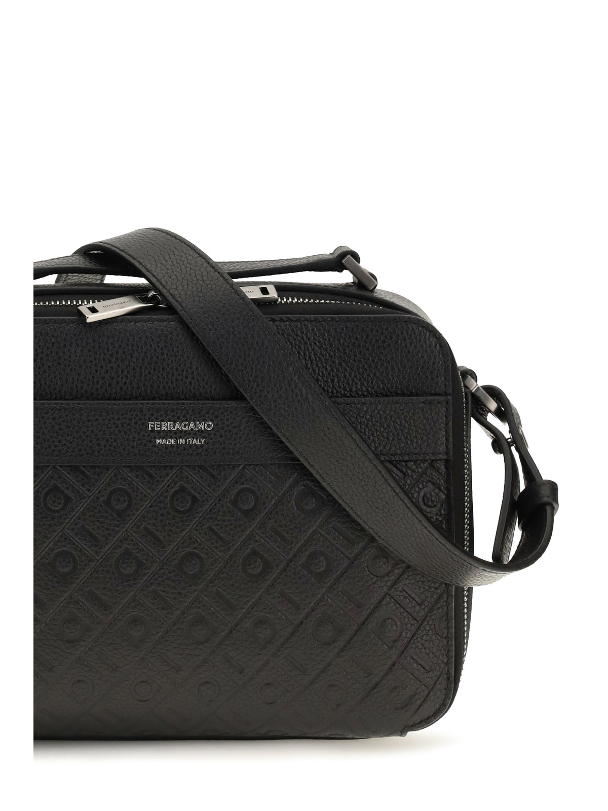 Ferragamo Leather crossbody Bag with embossed Gancini pattern - Black