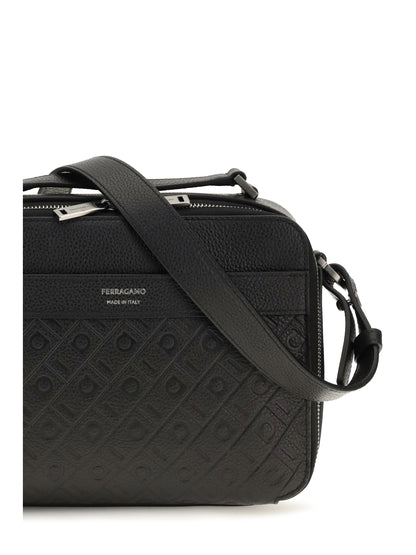 Ferragamo Leather crossbody Bag with embossed Gancini pattern - Black