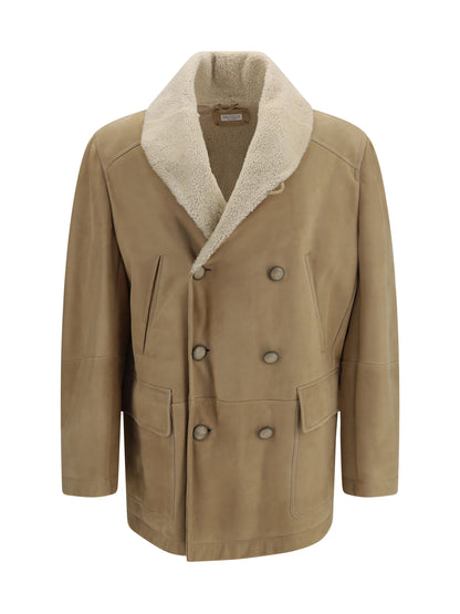 Brunello Cucinelli Curly suede Shearling pea Coat with shawl collar - Natural Beige