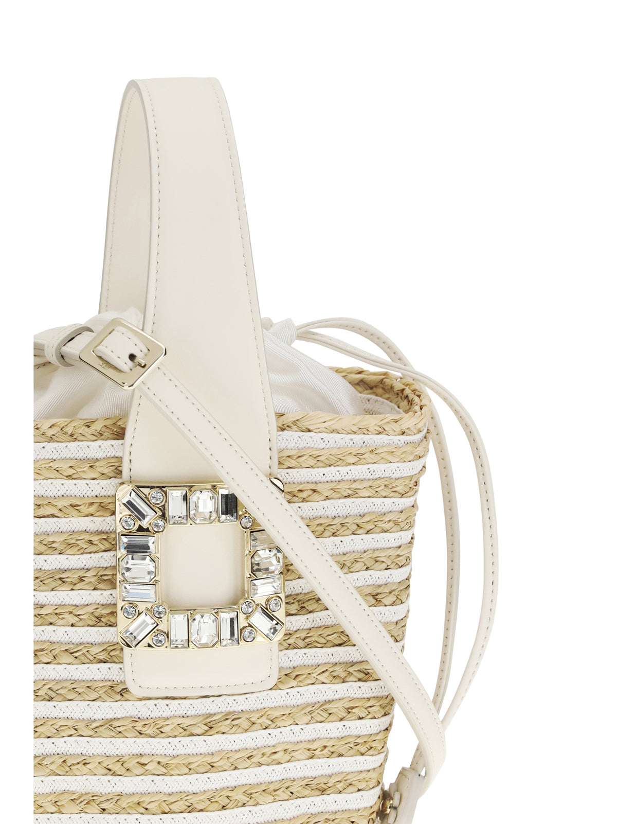 Roger Vivier Mini Viv' Skate Bucket Bag in raffia - B001(Bianco)+C019(Cire)