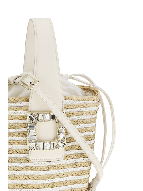 Roger Vivier Mini Viv' Skate Bucket Bag in raffia - B001(Bianco)+C019(Cire)