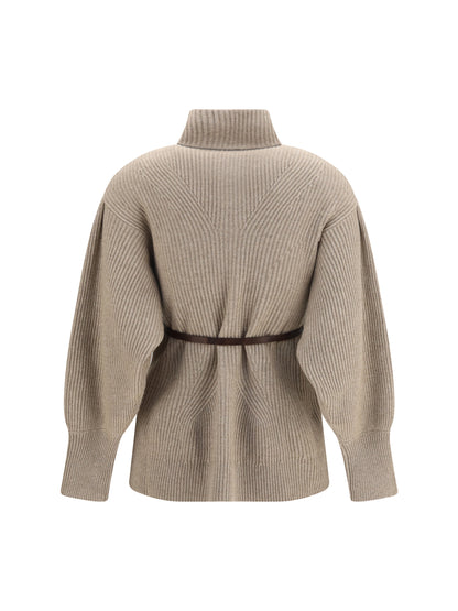 Brunello Cucinelli High neck Cardigan with belt - Brown