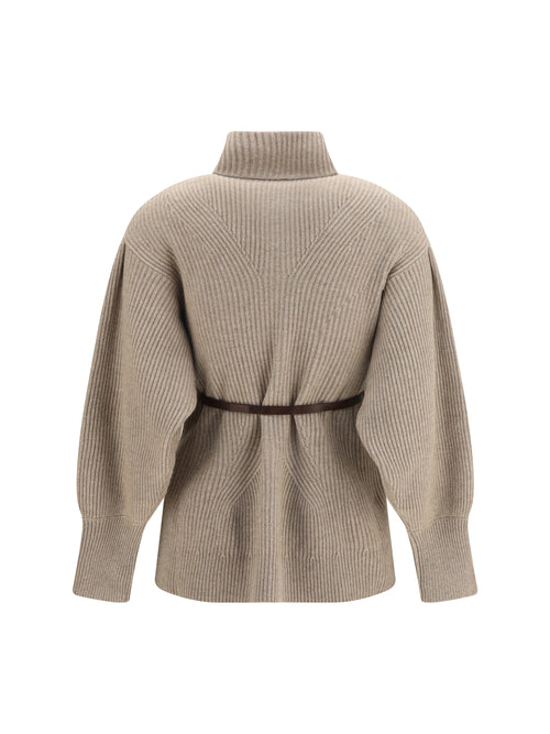 Brunello Cucinelli High neck Cardigan with belt - Brown