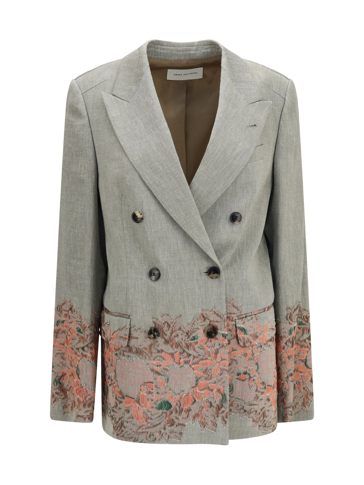 Dries Van Noten Double-breasted linen and cotton-blend Blazer with embroidery - Grey