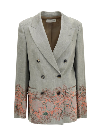 Dries Van Noten Double-breasted linen and cotton-blend Blazer with embroidery - Grey